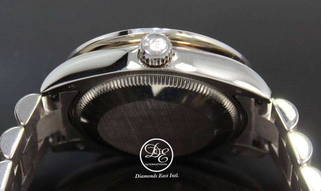 Rolex President Datejust 178279 31mm 18K White Gold MOP Diamond Dial Blue Sapphires Bezel MINT - Diamonds East Intl.