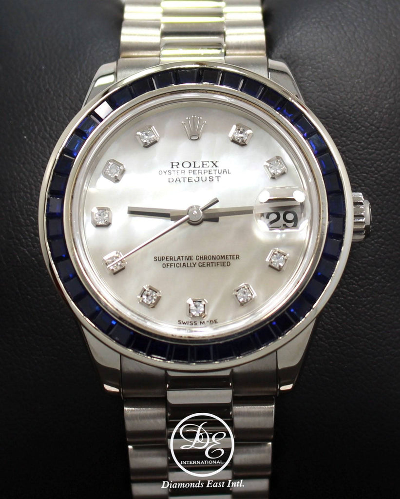 Rolex President Datejust 178279 31mm 18K White Gold MOP Diamond Dial Blue Sapphires Bezel MINT - Diamonds East Intl.