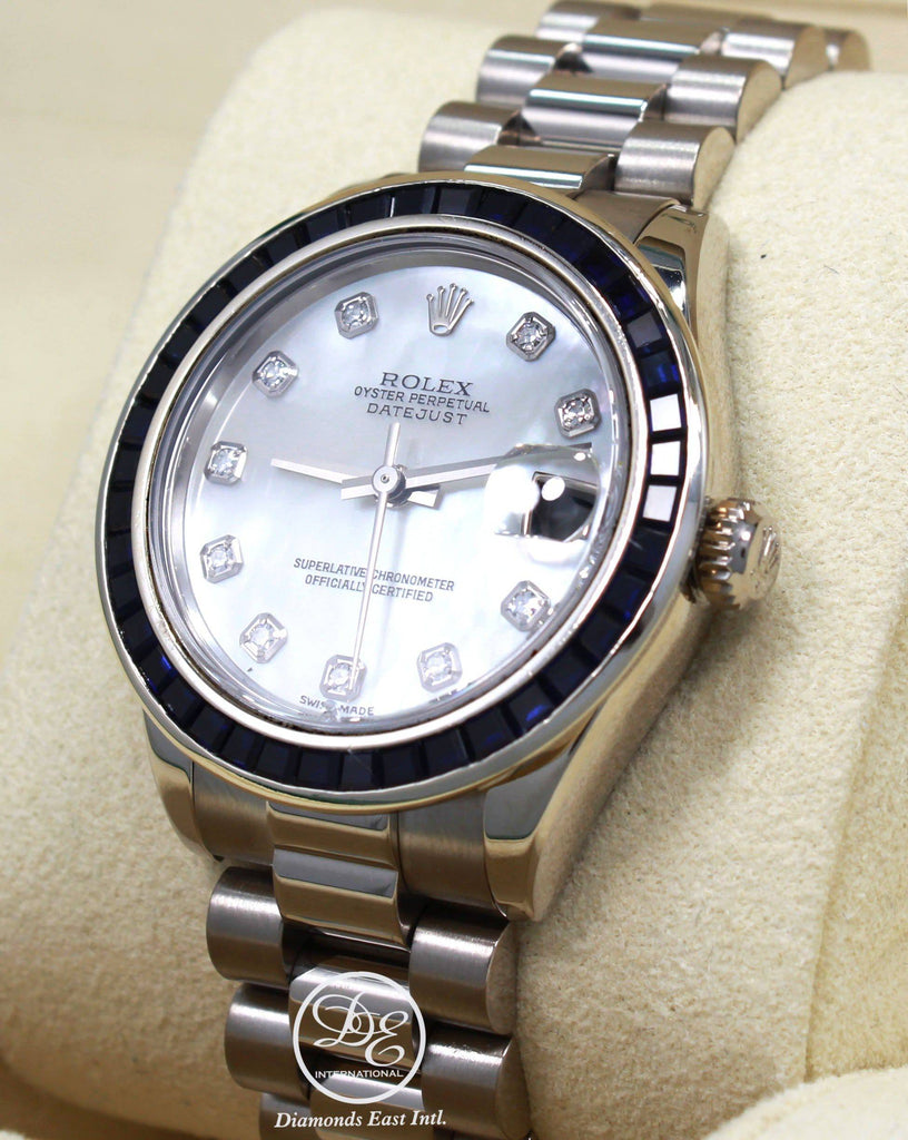 Rolex President Datejust 178279 31mm 18K White Gold MOP Diamond Dial Blue Sapphires Bezel MINT - Diamonds East Intl.