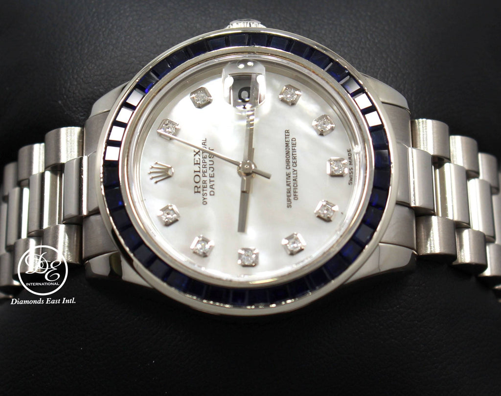Rolex President Datejust 178279 31mm 18K White Gold MOP Diamond Dial Blue Sapphires Bezel MINT - Diamonds East Intl.