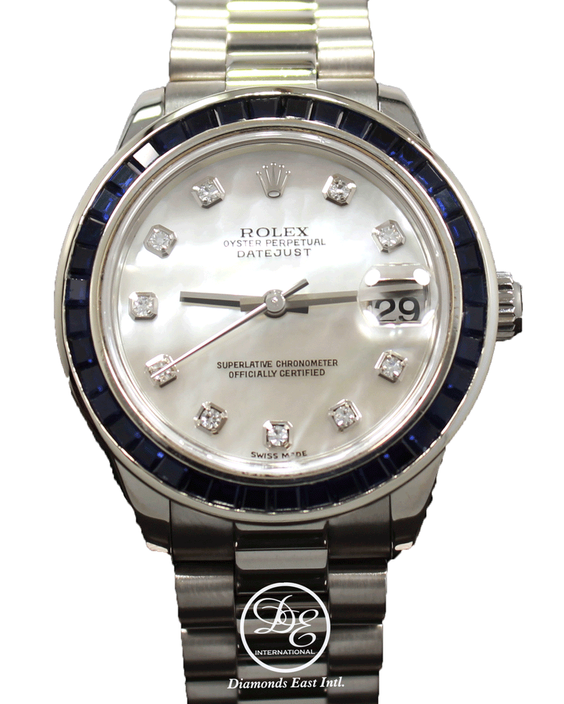 Rolex President Datejust 178279 31mm 18K White Gold MOP Diamond Dial Blue Sapphires Bezel MINT - Diamonds East Intl.