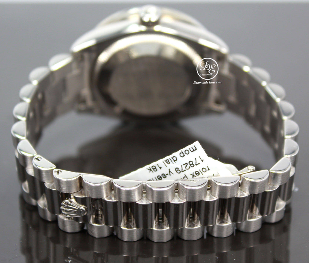 Rolex President Datejust 178279 31mm 18K White Gold MOP Diamond Dial Blue Sapphires Bezel MINT - Diamonds East Intl.