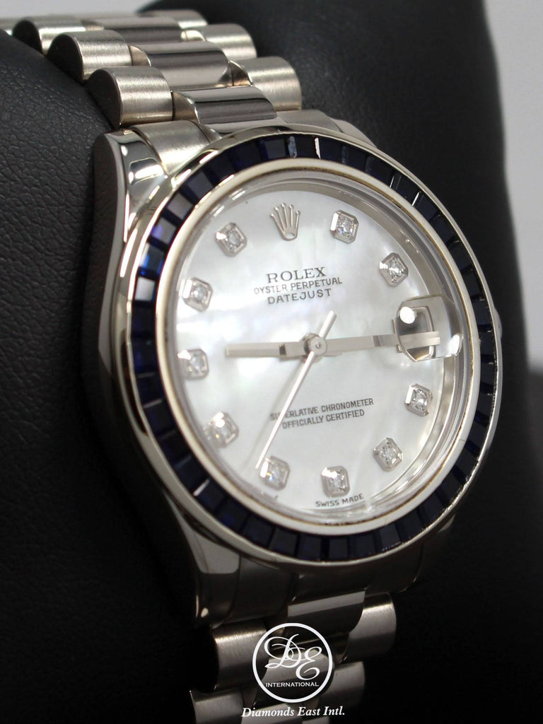 Rolex President Datejust 178279 31mm 18K White Gold MOP Diamond Dial Blue Sapphires Bezel MINT - Diamonds East Intl.
