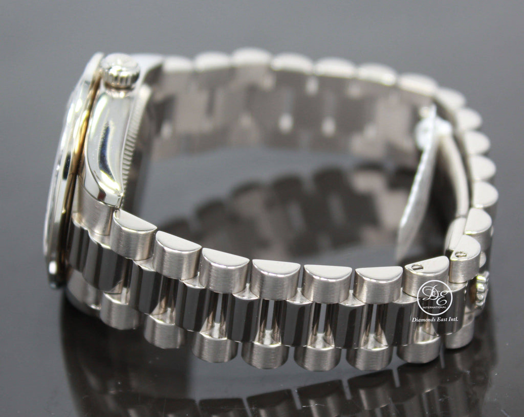 Rolex President Datejust 178279 31mm 18K White Gold MOP Diamond Dial Blue Sapphires Bezel MINT - Diamonds East Intl.