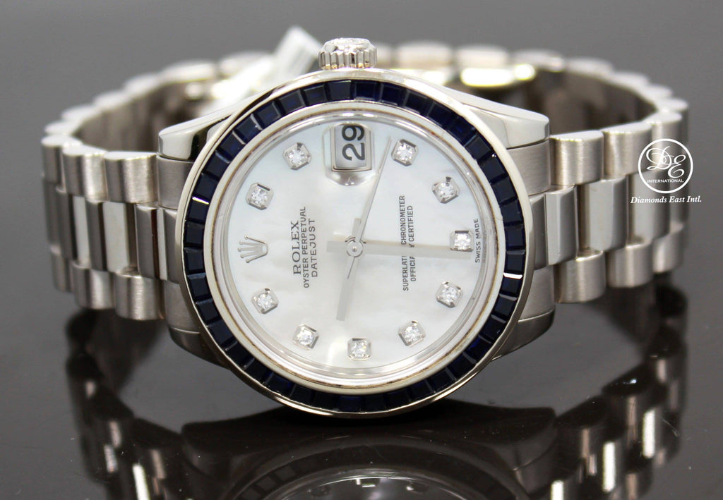 Rolex President Datejust 178279 31mm 18K White Gold MOP Diamond Dial Blue Sapphires Bezel MINT - Diamonds East Intl.