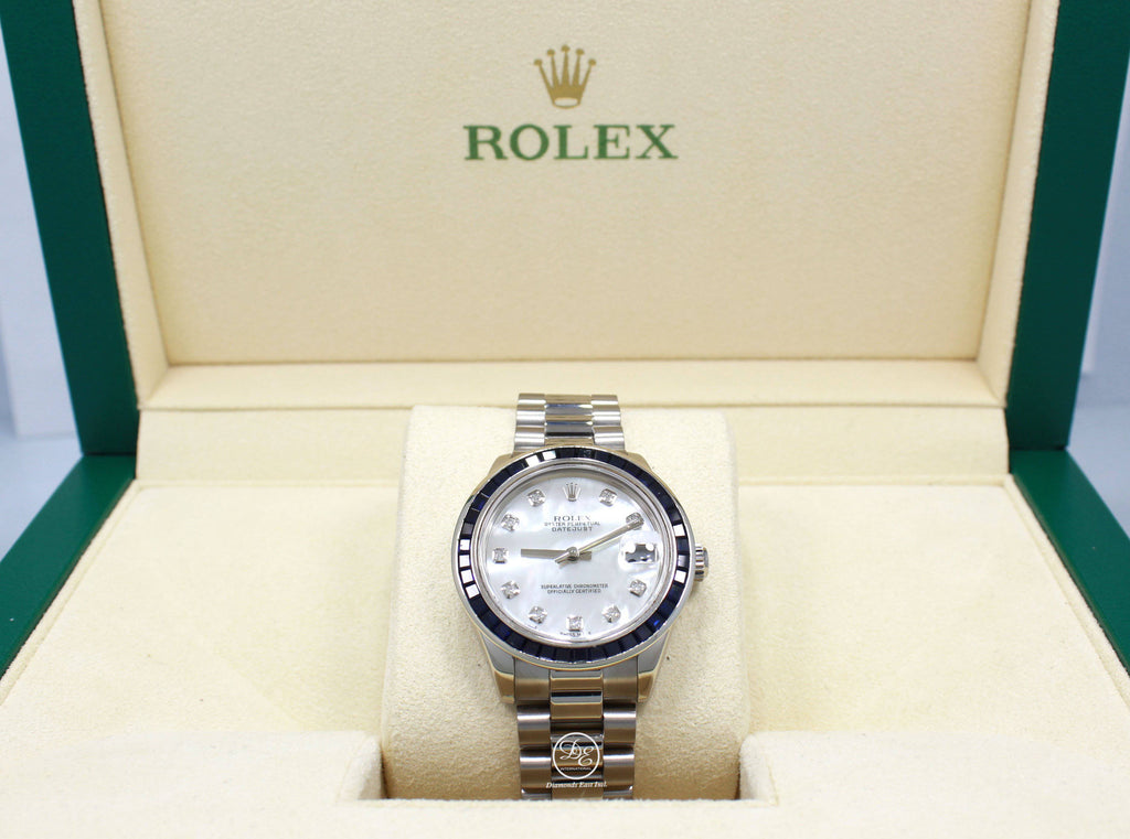 Rolex President Datejust 178279 31mm 18K White Gold MOP Diamond Dial Blue Sapphires Bezel MINT - Diamonds East Intl.