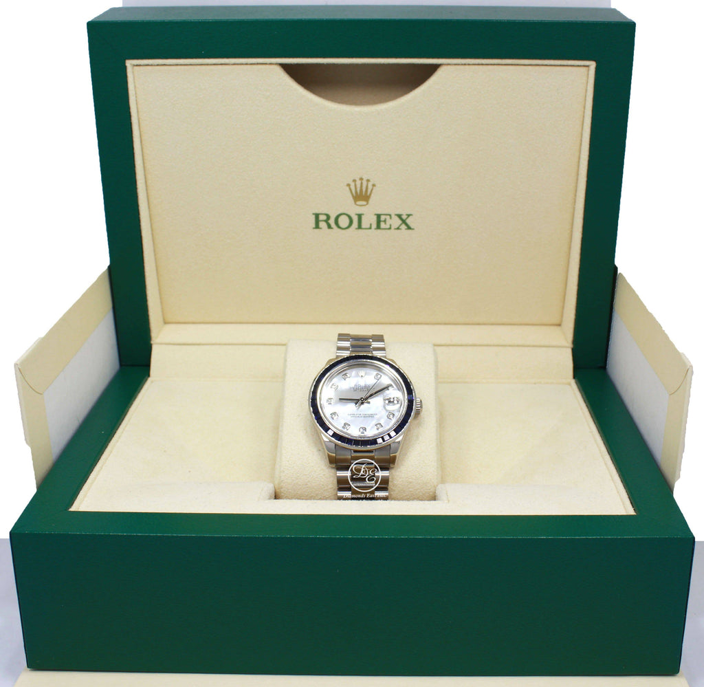 Rolex President Datejust 178279 31mm 18K White Gold MOP Diamond Dial Blue Sapphires Bezel MINT - Diamonds East Intl.