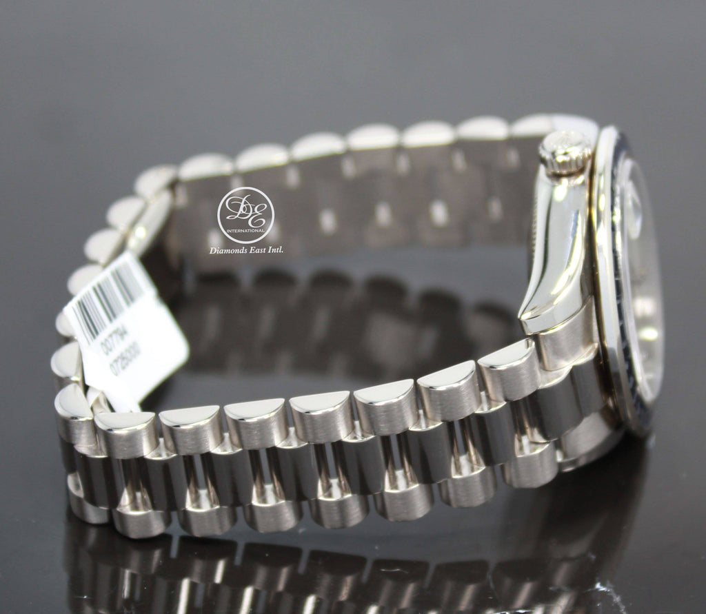 Rolex President Datejust 178279 31mm 18K White Gold MOP Diamond Dial Blue Sapphires Bezel MINT - Diamonds East Intl.