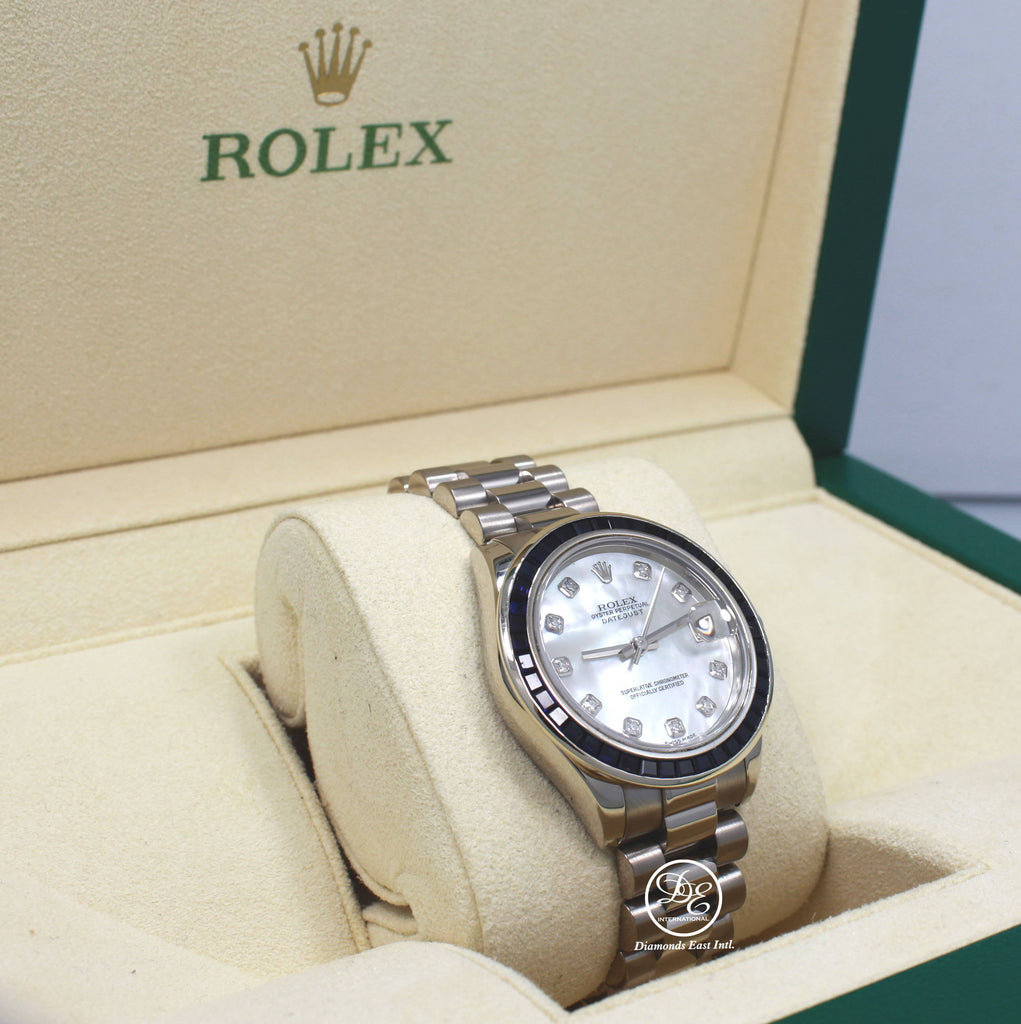 Rolex President Datejust 178279 31mm 18K White Gold MOP Diamond Dial Blue Sapphires Bezel MINT - Diamonds East Intl.
