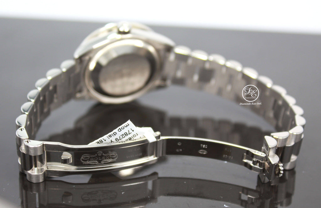 Rolex President Datejust 178279 31mm 18K White Gold MOP Diamond Dial Blue Sapphires Bezel MINT - Diamonds East Intl.