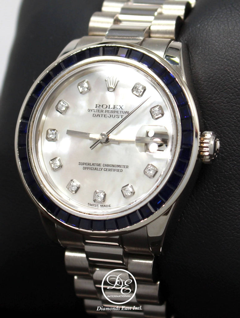 Rolex President Datejust 178279 31mm 18K White Gold MOP Diamond Dial Blue Sapphires Bezel MINT - Diamonds East Intl.