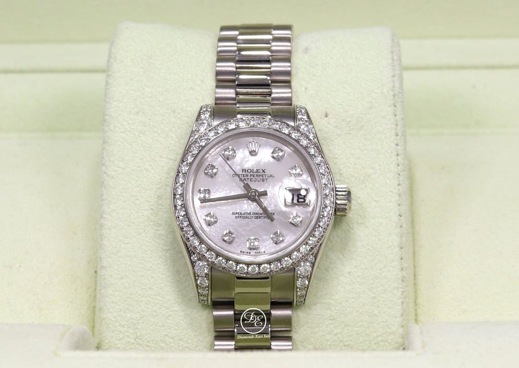 Rolex President 179159 Datejust 18K White Gold Factory Crown Collection MOP Diamond Dial and Bezel Watch - Diamonds East Intl.