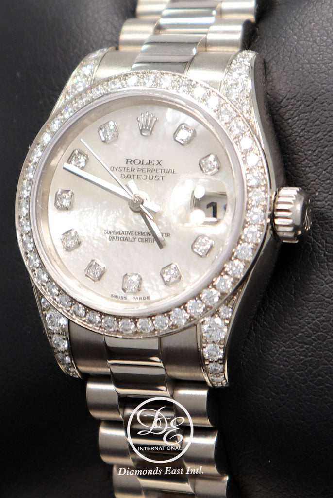 Rolex President 179159 Datejust 18K White Gold Factory Crown Collection MOP Diamond Dial and Bezel Watch - Diamonds East Intl.