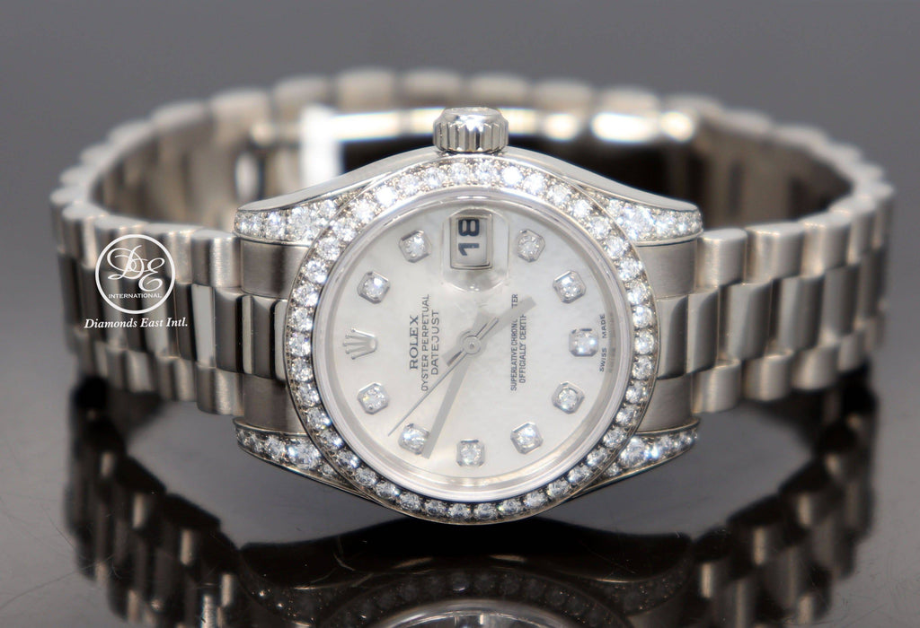 Rolex President 179159 Datejust 18K White Gold Factory Crown Collection MOP Diamond Dial and Bezel Watch - Diamonds East Intl.