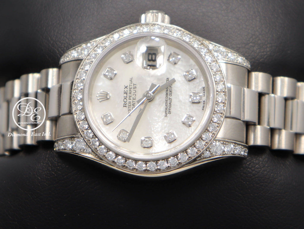 Rolex President 179159 Datejust 18K White Gold Factory Crown Collection MOP Diamond Dial and Bezel Watch - Diamonds East Intl.