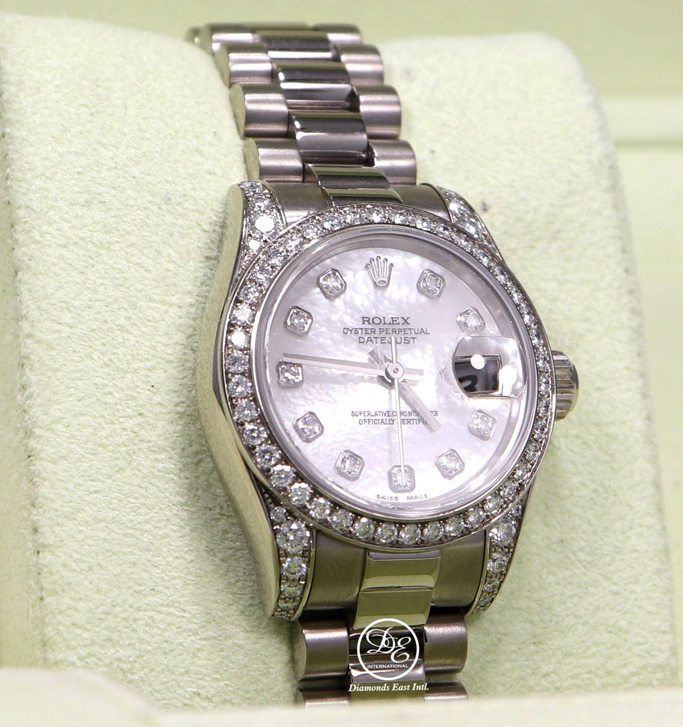 Rolex President 179159 Datejust 18K White Gold Factory Crown Collection MOP Diamond Dial and Bezel Watch - Diamonds East Intl.