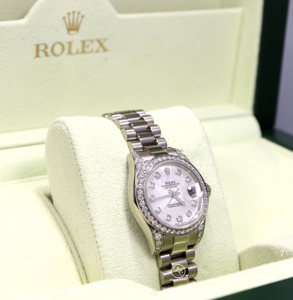 Rolex President 179159 Datejust 18K White Gold Factory Crown Collection MOP Diamond Dial and Bezel Watch - Diamonds East Intl.