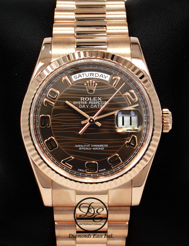 Rolex President Day-Date 118235 New Style 18K Rose Gold Factory Rare Chocolate Wave Dial MINT - Diamonds East Intl.