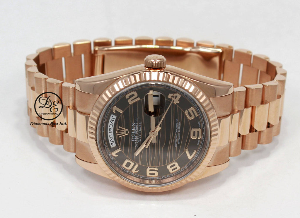 Rolex President Day-Date 118235 New Style 18K Rose Gold Factory Rare Chocolate Wave Dial MINT - Diamonds East Intl.