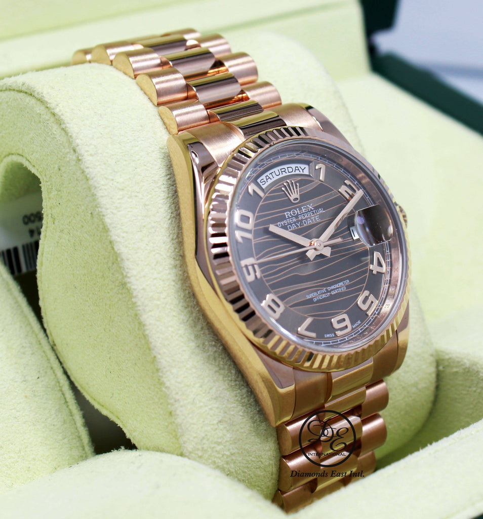 Rolex President Day-Date 118235 New Style 18K Rose Gold Factory Rare Chocolate Wave Dial MINT - Diamonds East Intl.