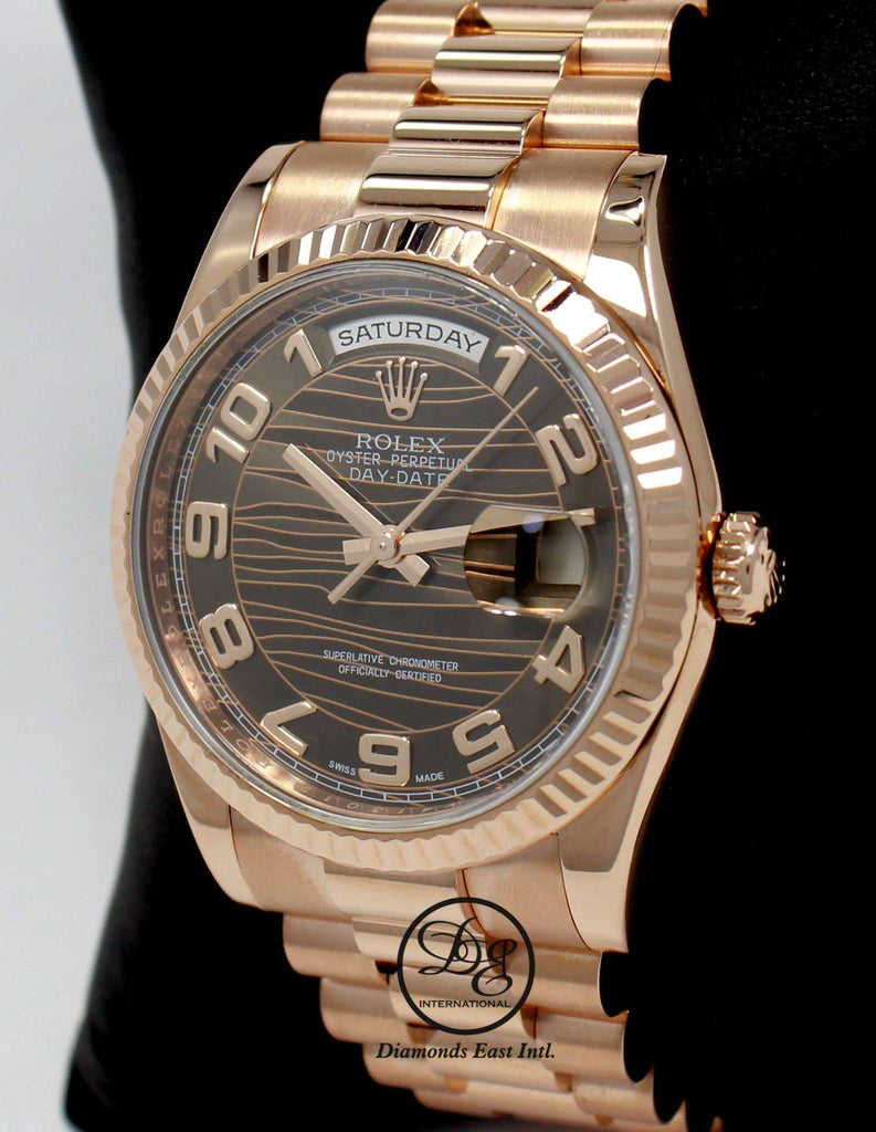 Rolex President Day-Date 118235 New Style 18K Rose Gold Factory Rare Chocolate Wave Dial MINT - Diamonds East Intl.