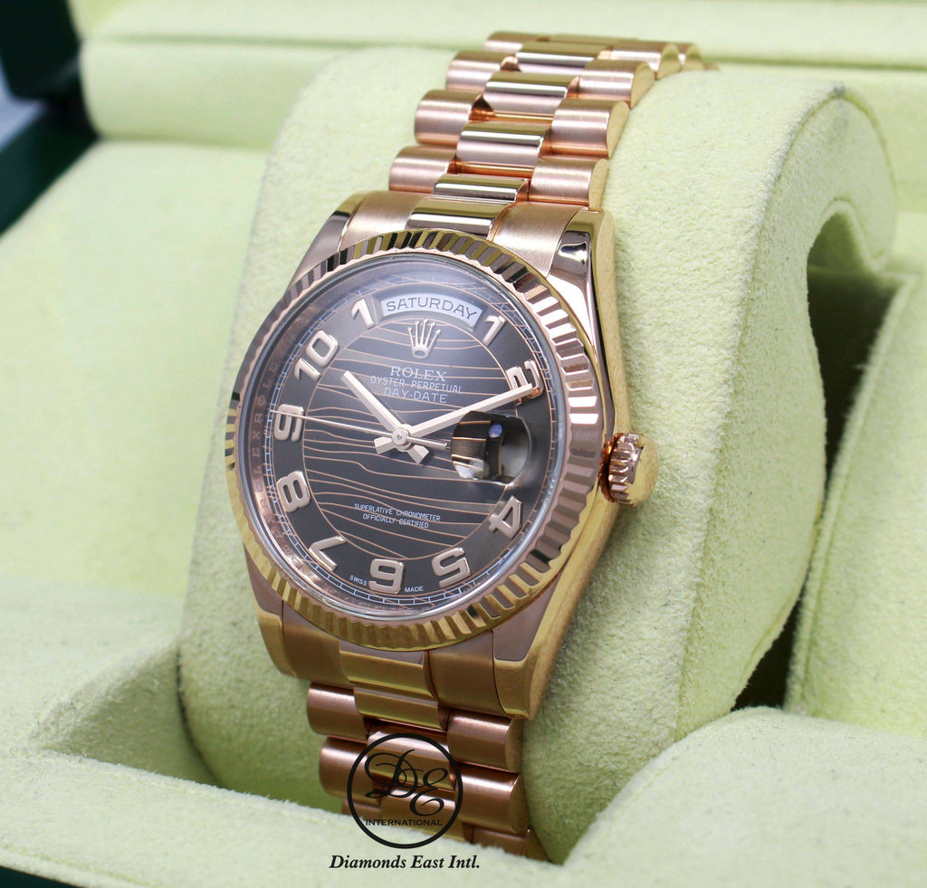 Rolex President Day-Date 118235 New Style 18K Rose Gold Factory Rare Chocolate Wave Dial MINT - Diamonds East Intl.