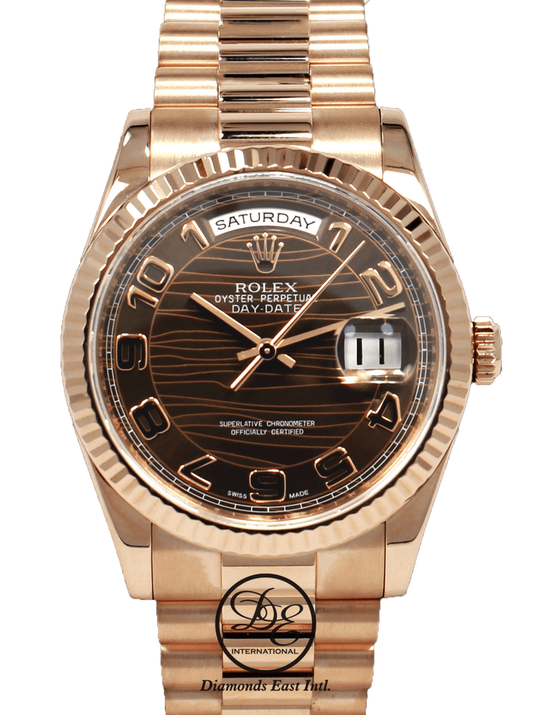 Rolex President Day-Date 118235 New Style 18K Rose Gold Factory Rare Chocolate Wave Dial MINT - Diamonds East Intl.