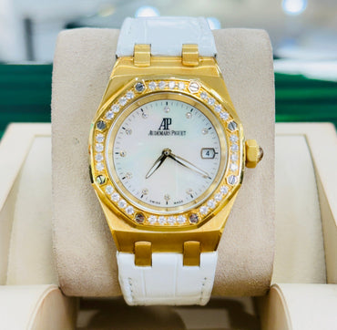 Audemars Piguet Royal Oak 67601BA.ZZ.D012CR.03 Lady 18k Yellow Gold Factory Diamond MOP and Factory Diamond Bezel PreOwned - Diamonds East Intl.