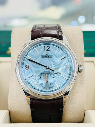 Rolex 1908 39 52506 Platinum Ice Blue Guilloché dial  Brown Leather Strap  Box and Papers Unworn - Diamonds East Intl.