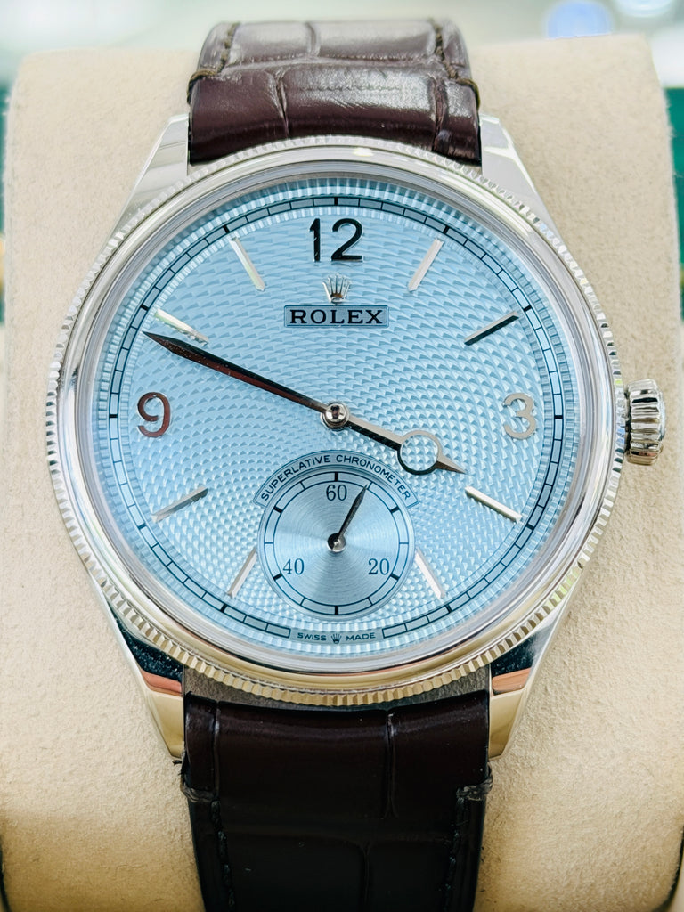 Rolex 1908 39 52506 Platinum Ice Blue Guilloché dial  Brown Leather Strap  Box and Papers Unworn - Diamonds East Intl.