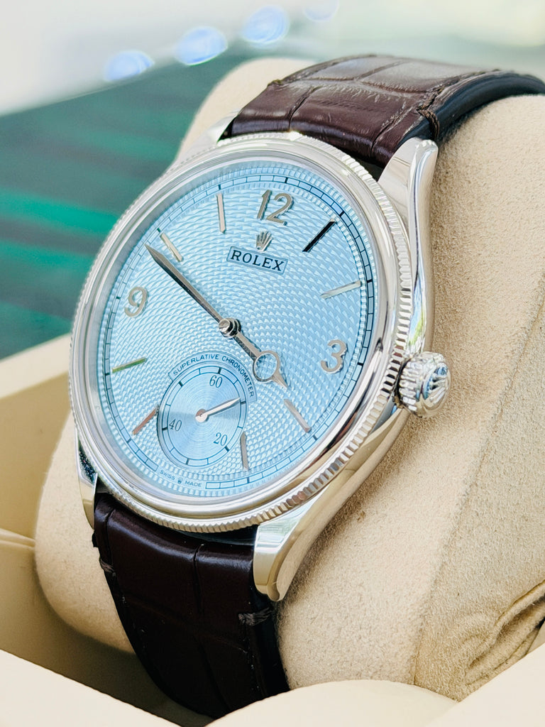 Rolex 1908 39 52506 Platinum Ice Blue Guilloché dial  Brown Leather Strap  Box and Papers Unworn - Diamonds East Intl.