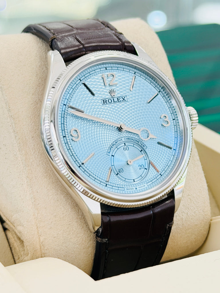 Rolex 1908 39 52506 Platinum Ice Blue Guilloché dial  Brown Leather Strap  Box and Papers Unworn - Diamonds East Intl.
