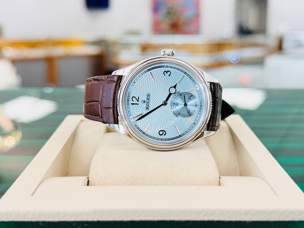Rolex 1908 39 52506 Platinum Ice Blue Guilloché dial  Brown Leather Strap  Box and Papers Unworn - Diamonds East Intl.
