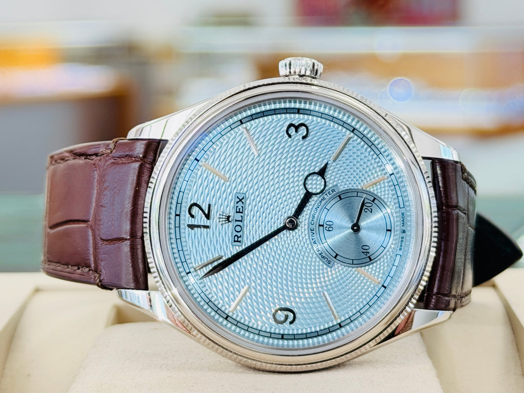 Rolex 1908 39 52506 Platinum Ice Blue Guilloché dial  Brown Leather Strap  Box and Papers Unworn - Diamonds East Intl.