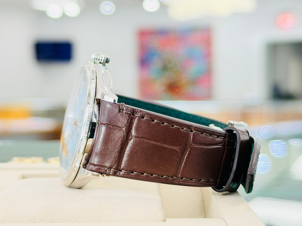 Rolex 1908 39 52506 Platinum Ice Blue Guilloché dial  Brown Leather Strap  Box and Papers Unworn - Diamonds East Intl.