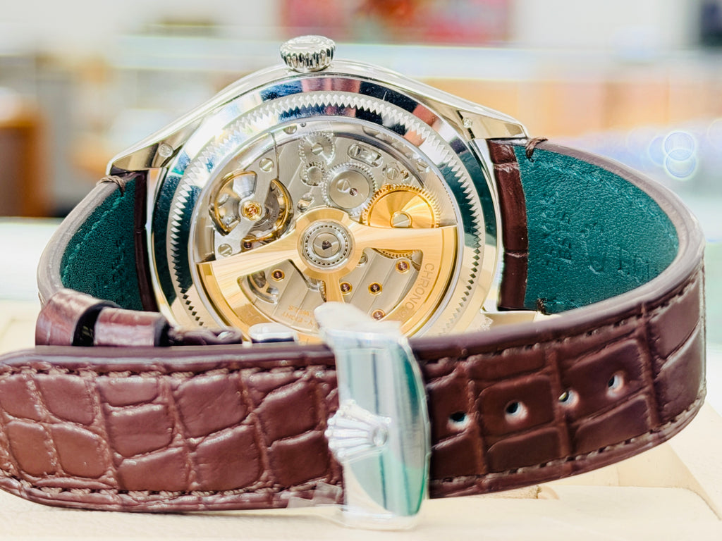 Rolex 1908 39 52506 Platinum Ice Blue Guilloché dial  Brown Leather Strap  Box and Papers Unworn - Diamonds East Intl.