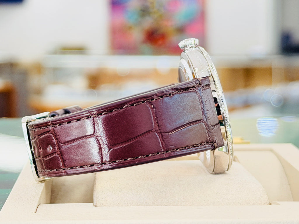 Rolex 1908 39 52506 Platinum Ice Blue Guilloché dial  Brown Leather Strap  Box and Papers Unworn - Diamonds East Intl.