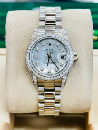 Rolex Lady-Datejust President Crown Collection White Gold Factory Mother of Pearl Dial Diamond  Ladies Watch 179159 PreOwned - Diamonds East Intl.