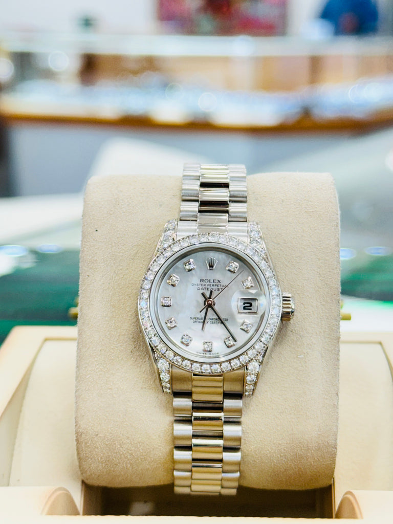 Rolex Lady Datejust President Crown Collection White Gold Factory Mother of Pearl Dial Diamond Ladies Watch 179159 PreOwned Diamonds East Intl