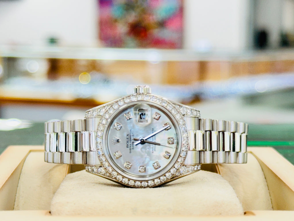 Rolex Lady Datejust President Crown Collection White Gold Factory Mother of Pearl Dial Diamond Ladies Watch 179159 PreOwned Diamonds East Intl