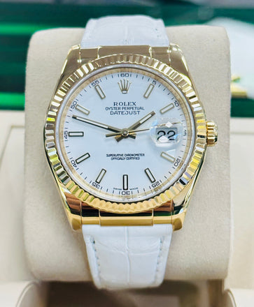 ROLEX Datejust 116138 18k Yellow Gold on White Leather Strap Watch BOX/PAPERS