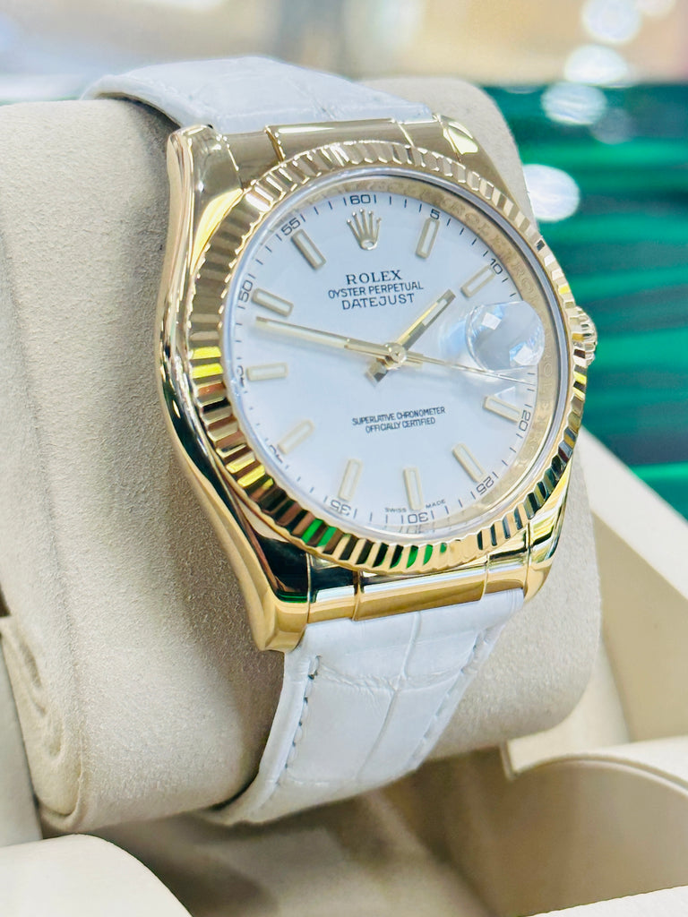 ROLEX Datejust 116138 18k Yellow Gold on White Leather Strap Watch BOX/PAPERS