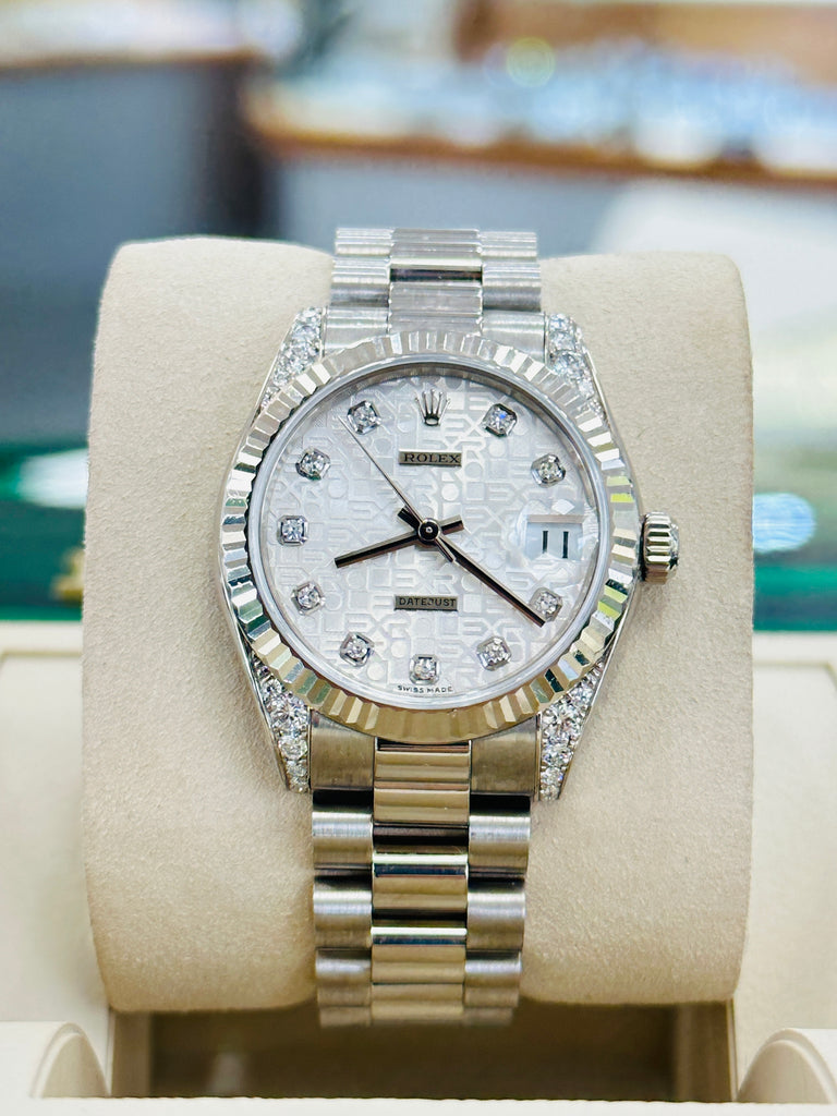 Rolex Presidential 18kt White Gold  Factory Jubilee Diamond Dial Factory Diamond Lugs 178239 Crown Collection PreOwned - Diamonds East Intl.