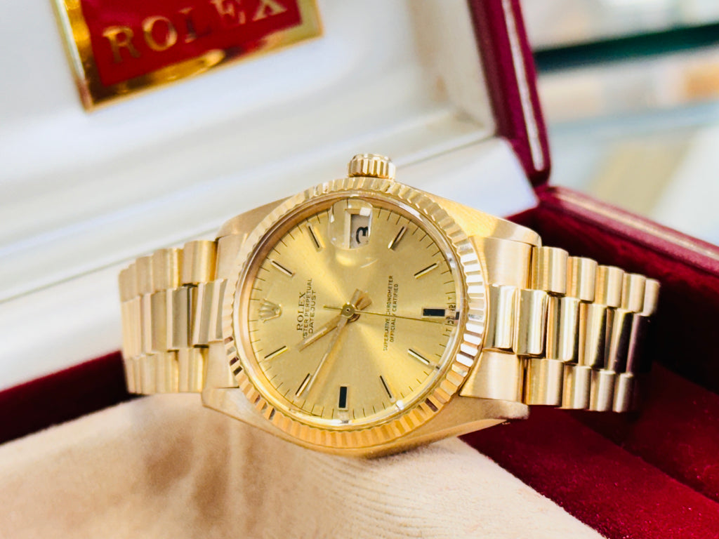 Rolex Datejust President 31 6827 Yellow Gold Champagne Dial Box & Papers MINT