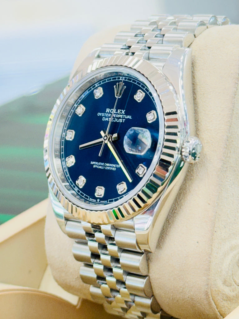 Rolex Datejust 41 126334  Jubilee Bracelet Factory Blue Diamond Dial Fluted Bezel PreOwned Box and Papers - Diamonds East Intl.