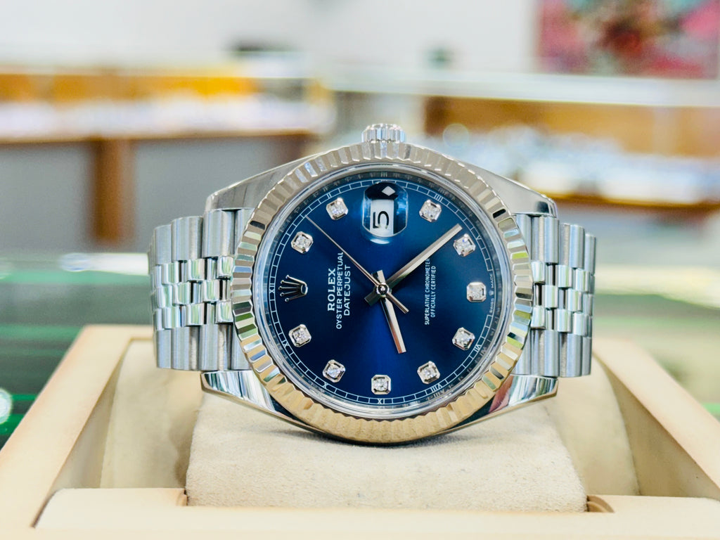 Rolex Datejust 41 126334  Jubilee Bracelet Factory Blue Diamond Dial Fluted Bezel PreOwned Box and Papers - Diamonds East Intl.