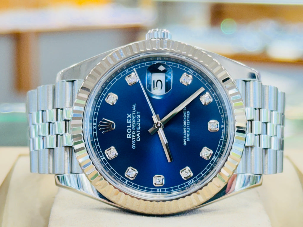 Rolex Datejust 41 126334  Jubilee Bracelet Factory Blue Diamond Dial Fluted Bezel PreOwned Box and Papers - Diamonds East Intl.