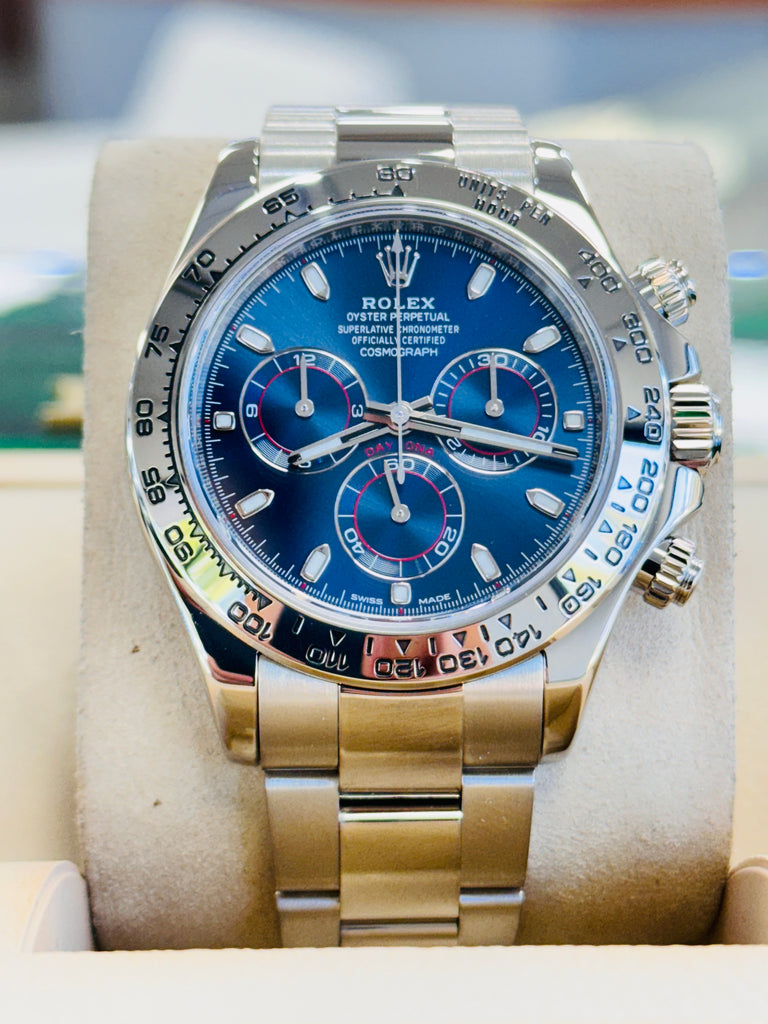 Rolex Daytona 116509 40 White Gold Cosmograph Blue Index Dial Box and Papers MINT 