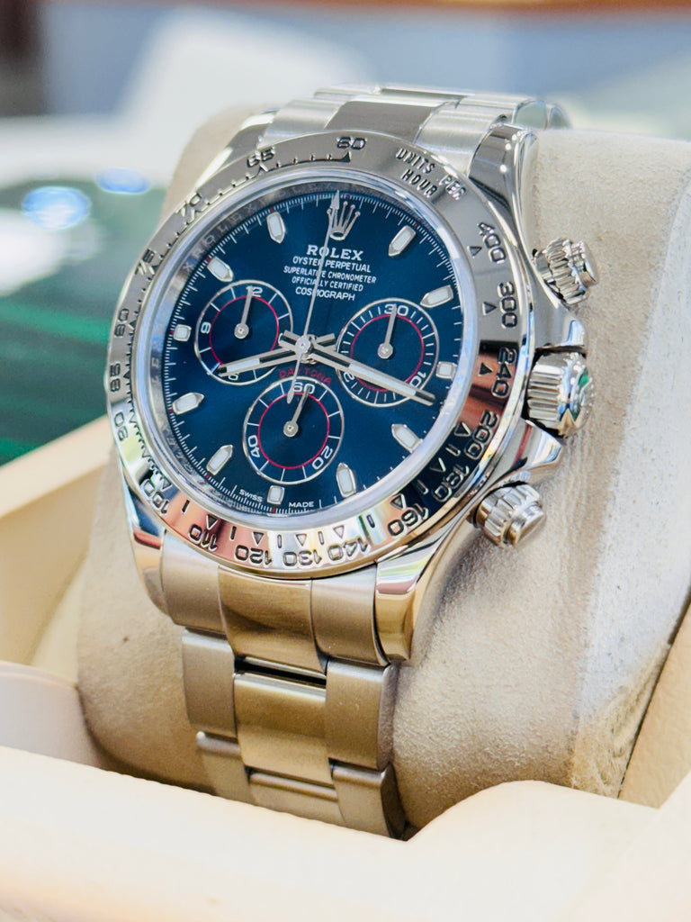 Rolex Daytona 116509 40 White Gold Cosmograph Blue Index Dial Box and Papers MINT 