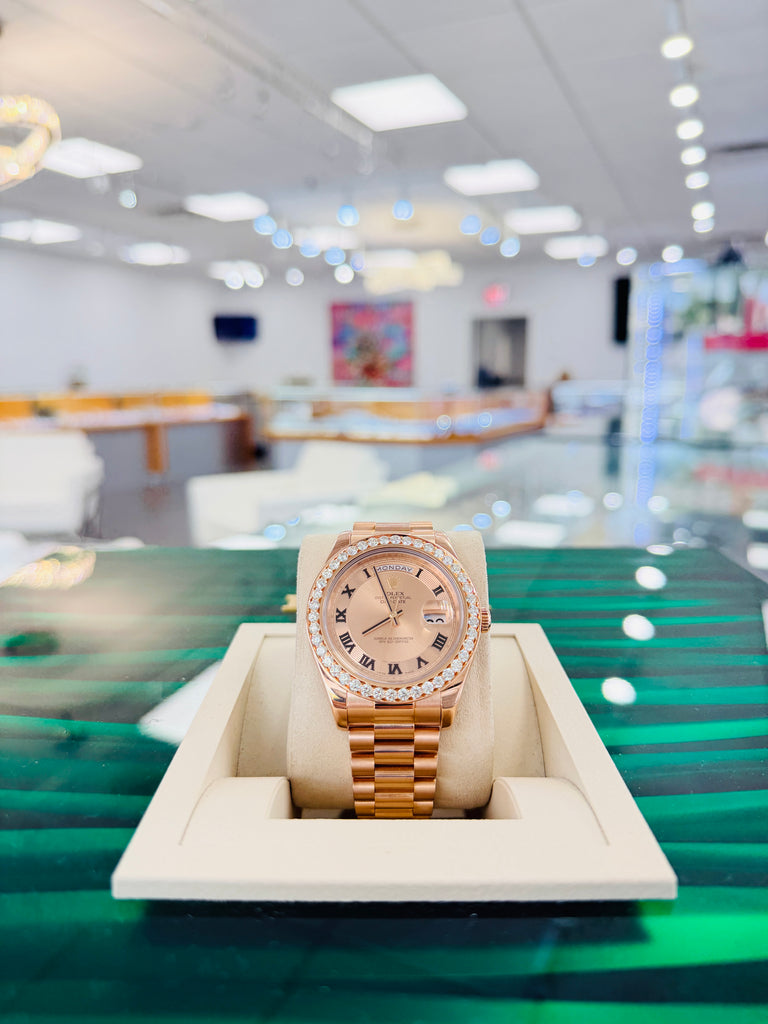 Rolex Day-Date II 218235 41   18k EverRose Concentric Dial  Custom Rose Gold Diamond Bezel   PreOwned - Diamonds East Intl.